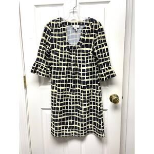 Jude Connally Dress Navy Cream Geometric Print Stretch Scoop Neck Ruffle Size S